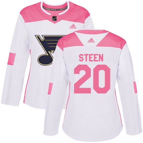 Adidas Blues #20 Alexander Steen White/Pink Authentic Fashion Women's Stitched NHL Jersey - Click Image to Close